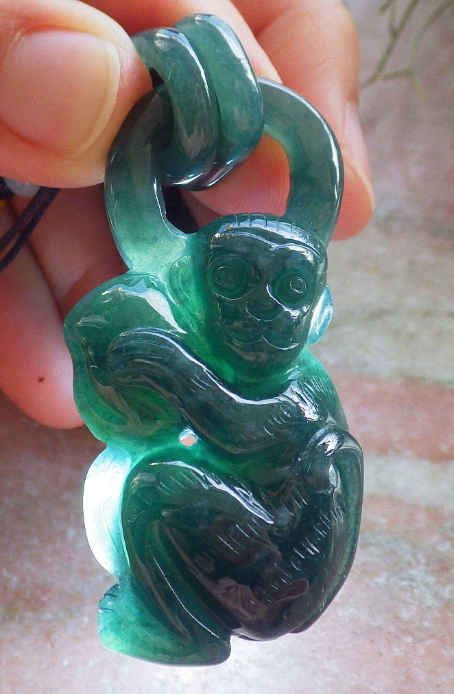 Certified Icy Green Burma 100% Natural A Jade jadeite Pendant Monkey Peach W Ring 猴子 644899 TN