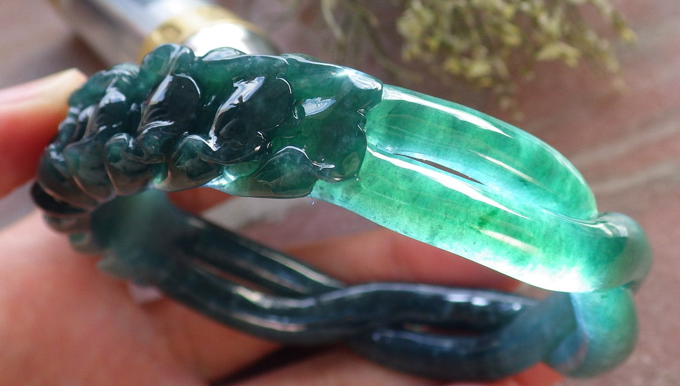 Certified Icy Green Burma 100% Natural A JADE Jadeite Flower Knotted Bangle Bracelet 63 mm 手镯 645191 TN