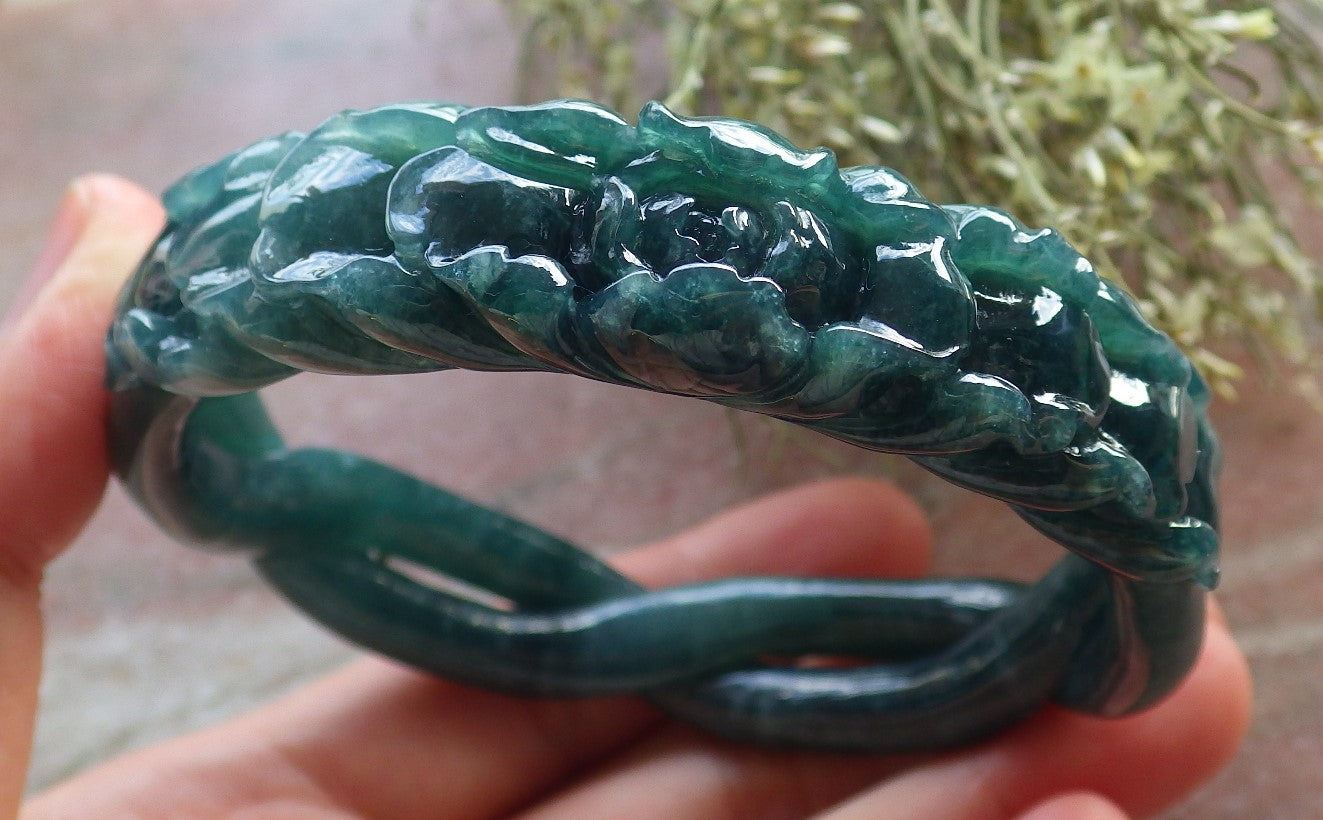 Certified Icy Green Burma 100% Natural A JADE Jadeite Flower Knotted Bangle Bracelet 63 mm 手镯 645191 TN