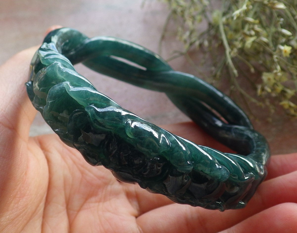Certified Icy Green Burma 100% Natural A JADE Jadeite Flower Knotted Bangle Bracelet 63 mm 手镯 645191 TN