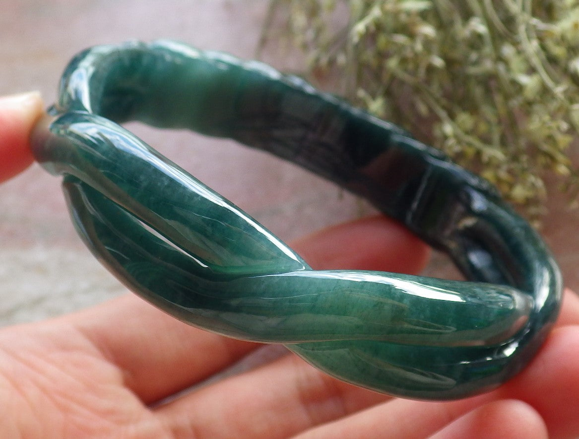 Certified Icy Green Burma 100% Natural A JADE Jadeite Flower Knotted Bangle Bracelet 63 mm 手镯 645191 TN