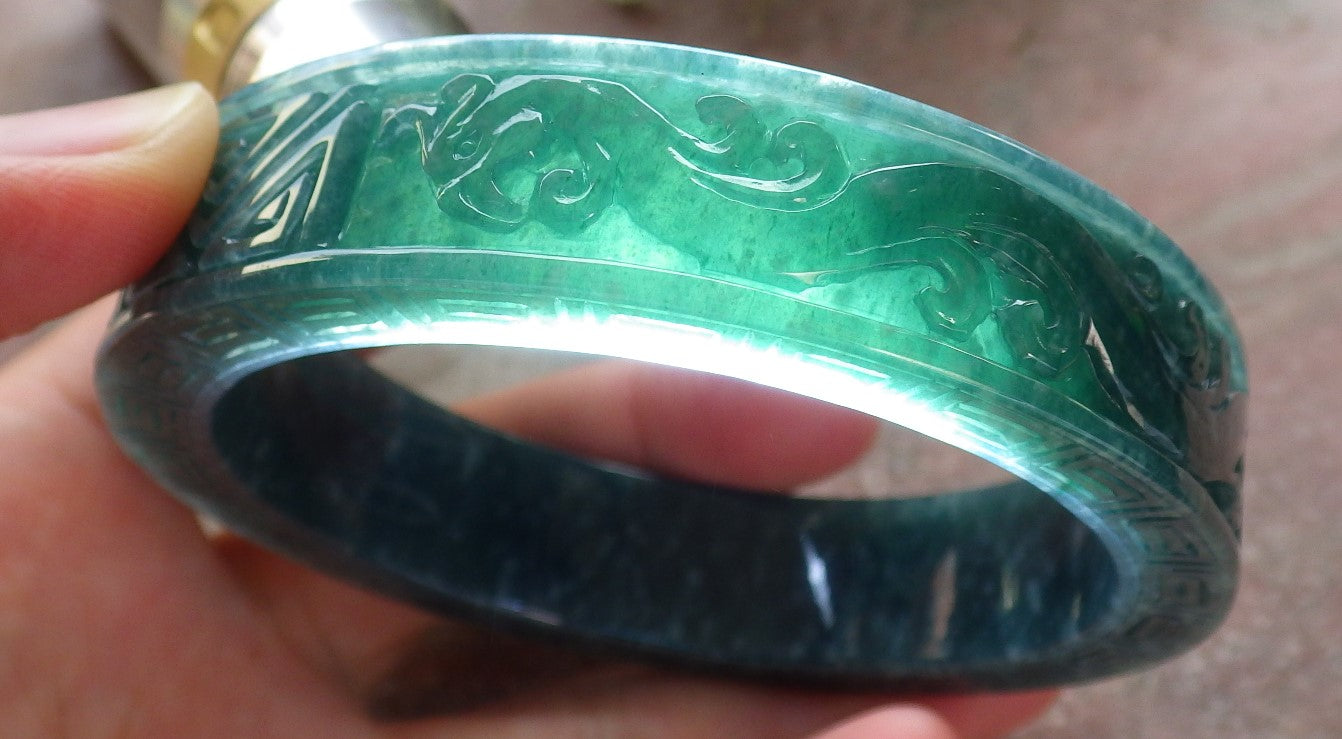 Certified Icy Green Burma 100% Natural A JADE Jadeite Dragon Phoenix Longevity Bangle Bracelet 63mm 手镯 645344 TN