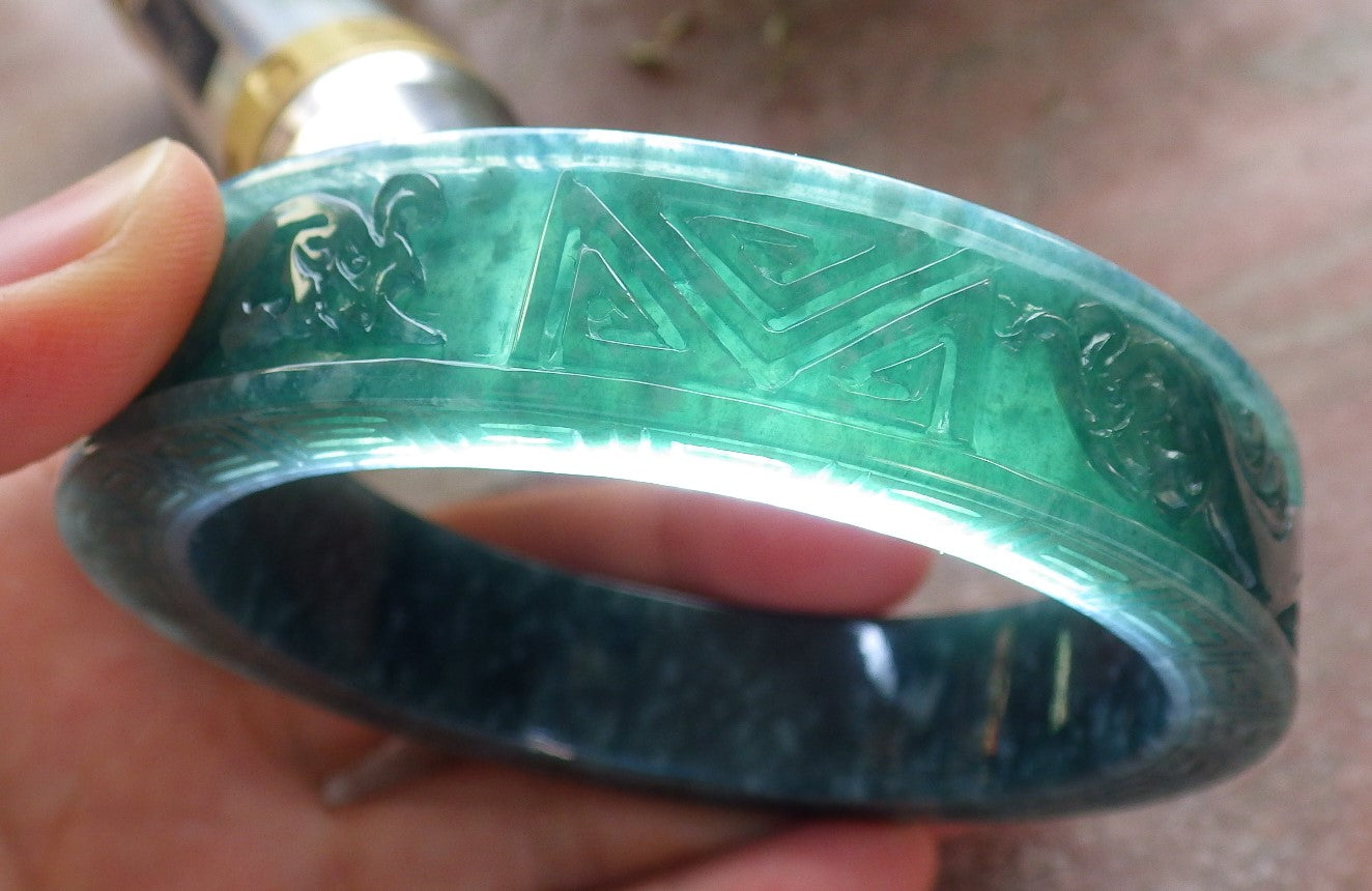 Certified Icy Green Burma 100% Natural A JADE Jadeite Dragon Phoenix Longevity Bangle Bracelet 63mm 手镯 645344 TN