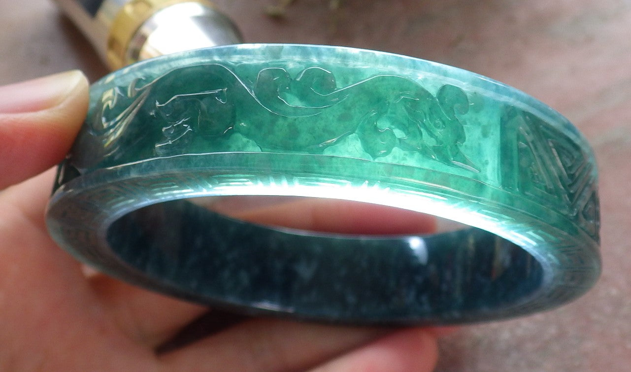Certified Icy Green Burma 100% Natural A JADE Jadeite Dragon Phoenix Longevity Bangle Bracelet 63mm 手镯 645344 TN