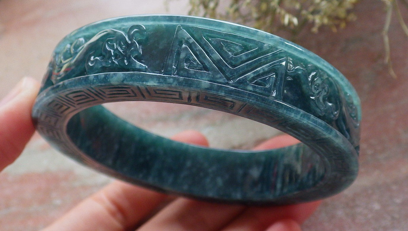 Certified Icy Green Burma 100% Natural A JADE Jadeite Dragon Phoenix Longevity Bangle Bracelet 63mm 手镯 645344 TN