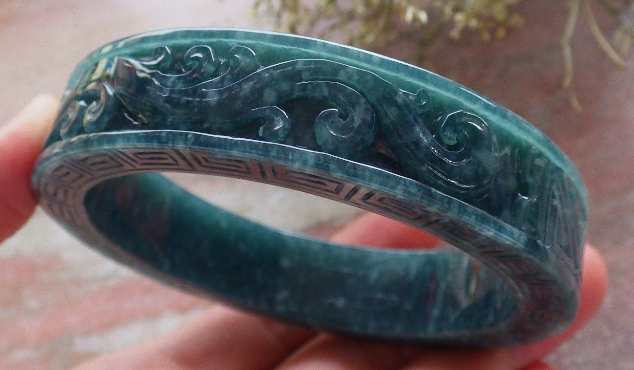 Certified Icy Green Burma 100% Natural A JADE Jadeite Dragon Phoenix Longevity Bangle Bracelet 63mm 手镯 645344 TN