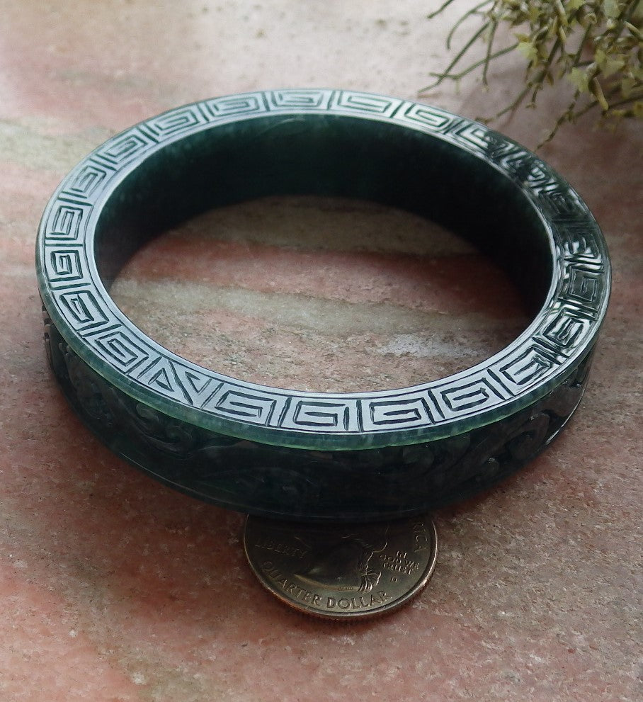 Certified Icy Green Burma 100% Natural A JADE Jadeite Dragon Phoenix Longevity Bangle Bracelet 63mm 手镯 645344 TN