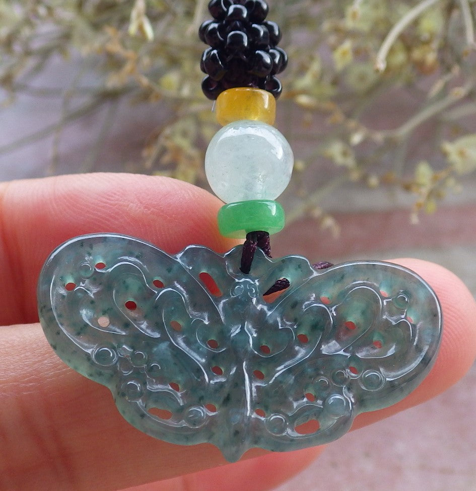 Certified Icy Green Burma 100% Natural A Jade jadeite Pendant Butterfly Neckace 蝴蝶 645507 TN