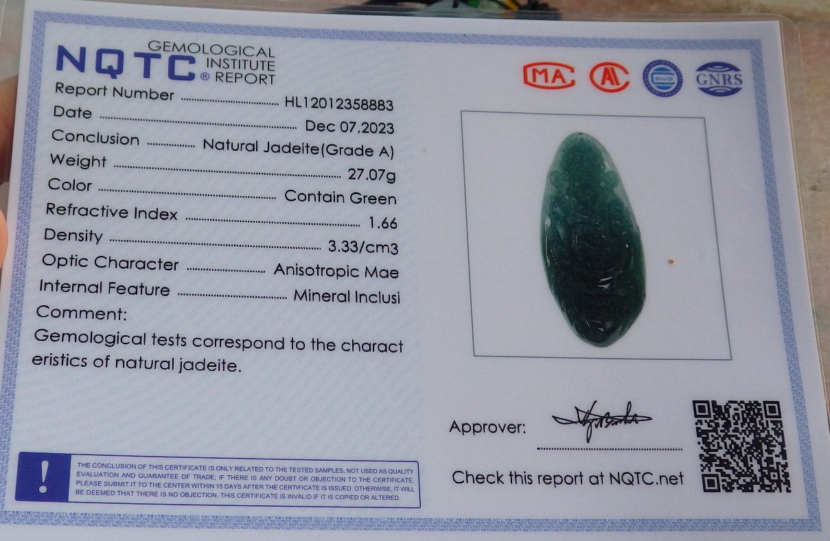 Certified Icy Green Burma 100% Natural A Jade jadeite Pendant Money God Yuan Bao Ruyi Necklace 财神 645700 TN