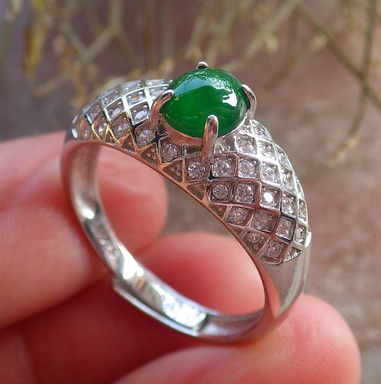 Certified Icy Green silver 0.925 Burma 100% Natural A JADE Jadeite Cabochon RING USA 9.5 戒指 645891 TN