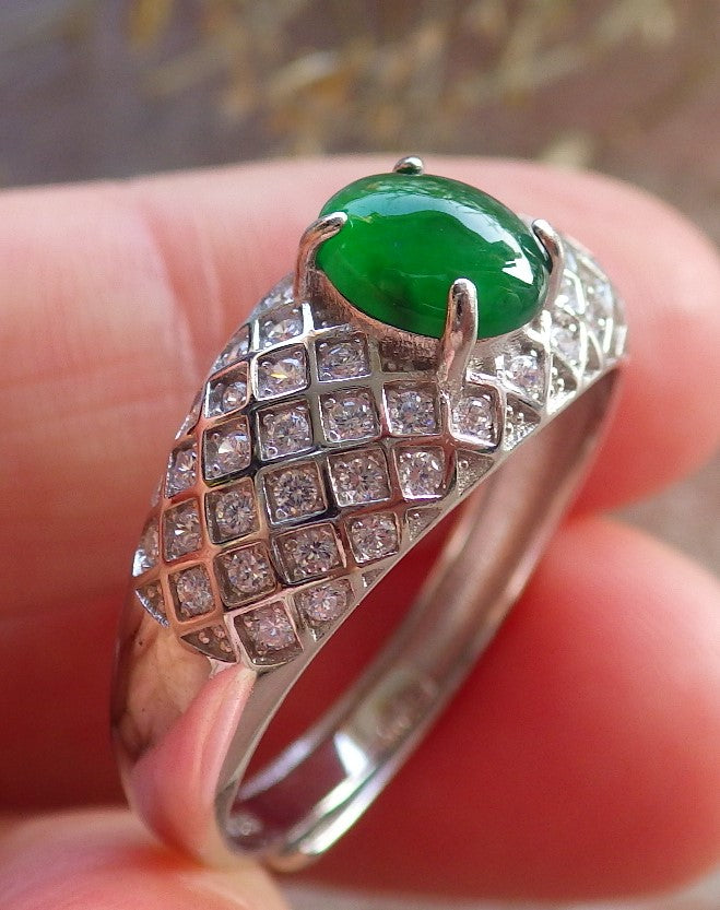Certified Icy Green silver 0.925 Burma 100% Natural A JADE Jadeite Cabochon RING USA 9.5 戒指 645891 TN