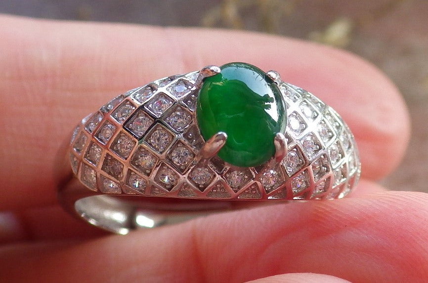 Certified Icy Green silver 0.925 Burma 100% Natural A JADE Jadeite Cabochon RING USA 9.5 戒指 645891 TN