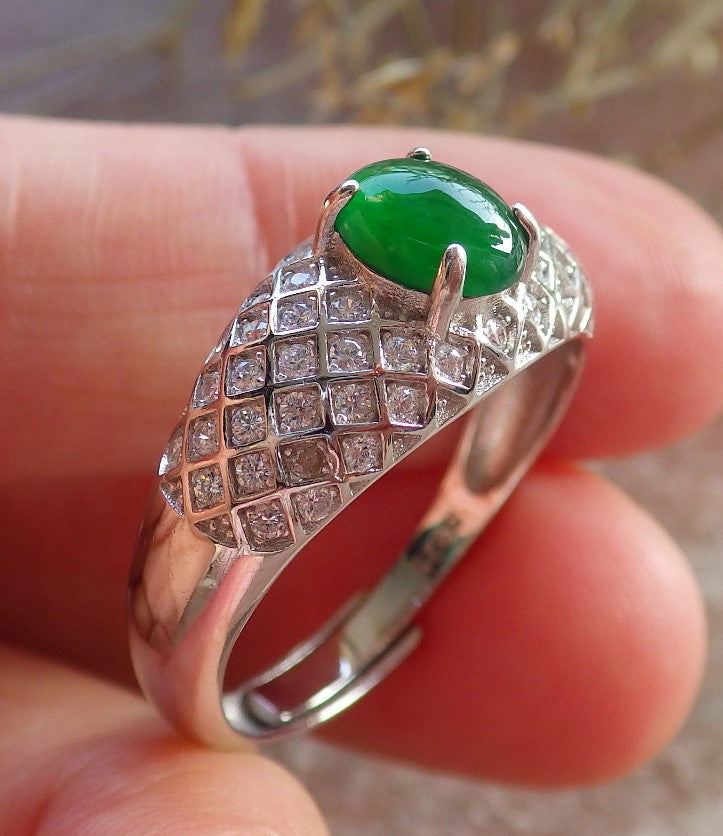 Certified Icy Green silver 0.925 Burma 100% Natural A JADE Jadeite Cabochon RING USA 9.5 戒指 645891 TN