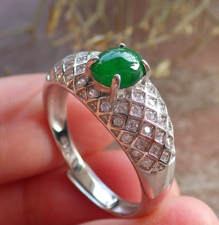 Certified Icy Green silver 0.925 Burma 100% Natural A JADE Jadeite Cabochon RING USA 9.5 戒指 645891 TN