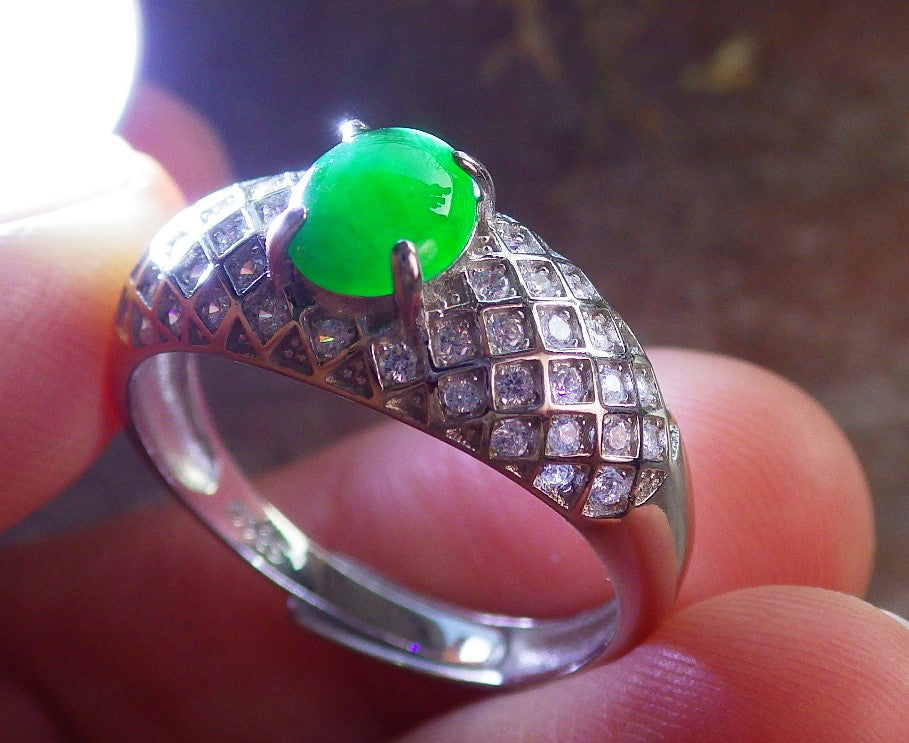 Certified Icy Green silver 0.925 Burma 100% Natural A JADE Jadeite Cabochon RING USA 9.5 戒指 645891 TN