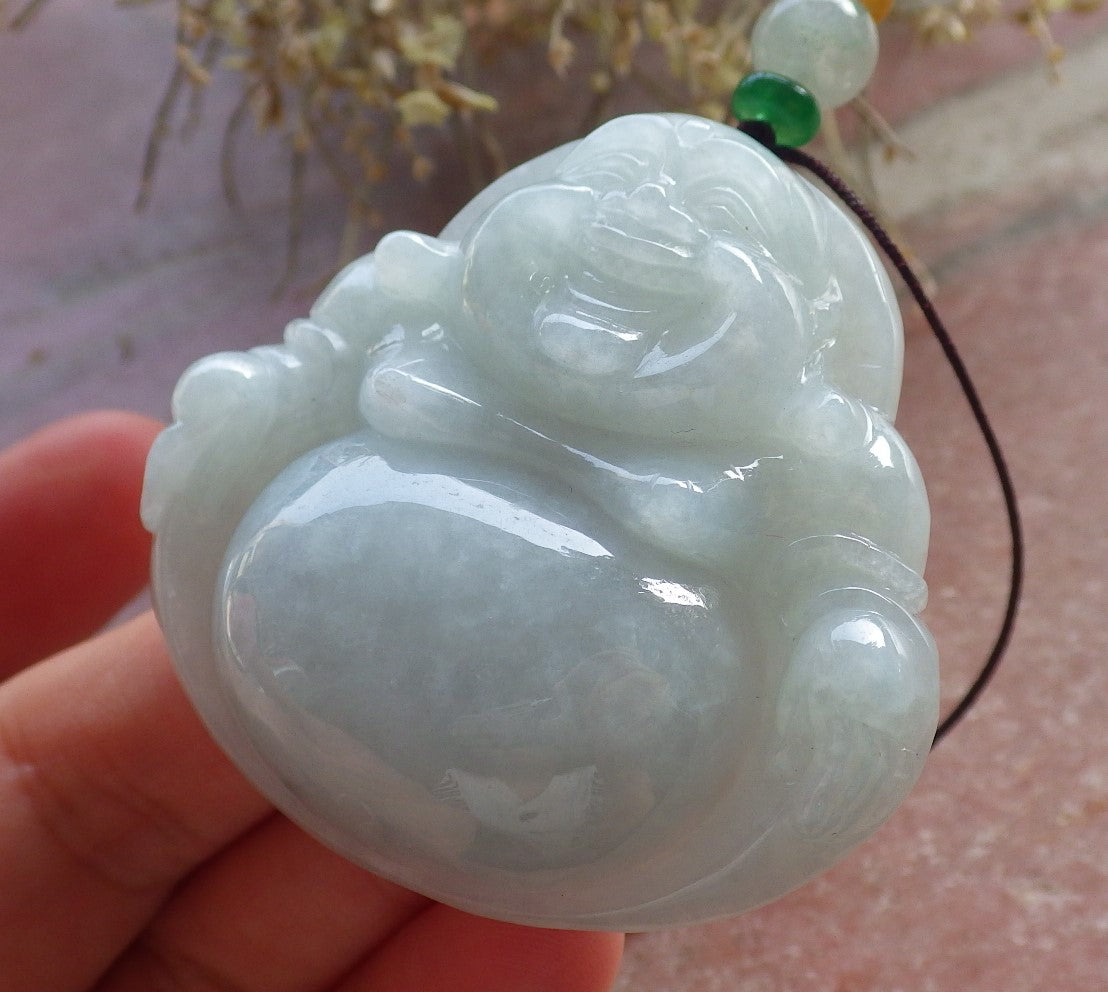 Certified Green Burma 100% Natural A Jade jadeite pendant Happy Buddha God Necklace 开心佛 646181 TN