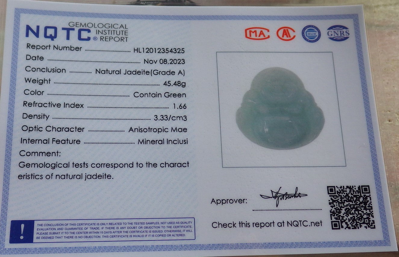 Certified Green Burma 100% Natural A Jade jadeite pendant Happy Buddha God Necklace 开心佛 646181 TN