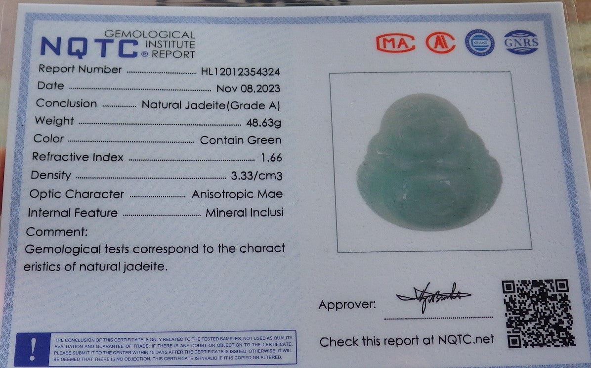 Certified Green Burma 100% Natural A Jade jadeite pendant Happy Buddha God Necklace 开心佛 646320 TN