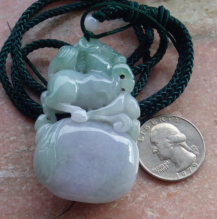 Certified Green Lavender Burma 100% Natural A Jade jadeite Pendant Horse Money Bag Coin Necklace 马到功成 646967 TN