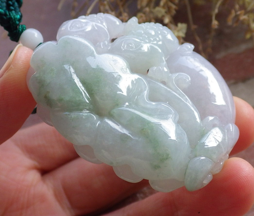 Certified Green Pale Lavender Burma 100% Natural A Jade jadeite Pendant Frog Toad Lotus Leaf Ruyi Necklace 招财蟾 647072 TN