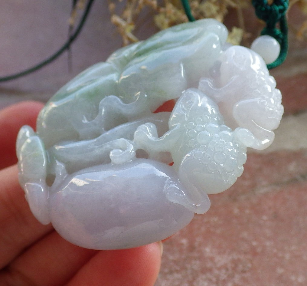 Certified Green Pale Lavender Burma 100% Natural A Jade jadeite Pendant Frog Toad Lotus Leaf Ruyi Necklace 招财蟾 647072 TN