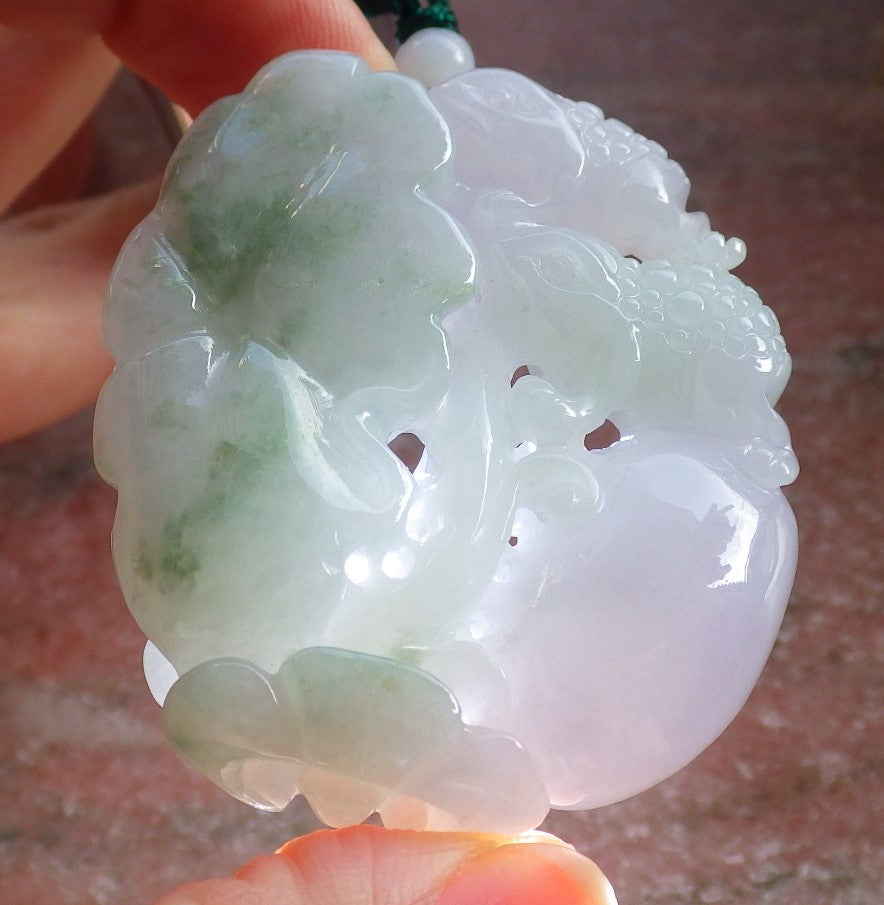 Certified Green Pale Lavender Burma 100% Natural A Jade jadeite Pendant Frog Toad Lotus Leaf Ruyi Necklace 招财蟾 647072 TN