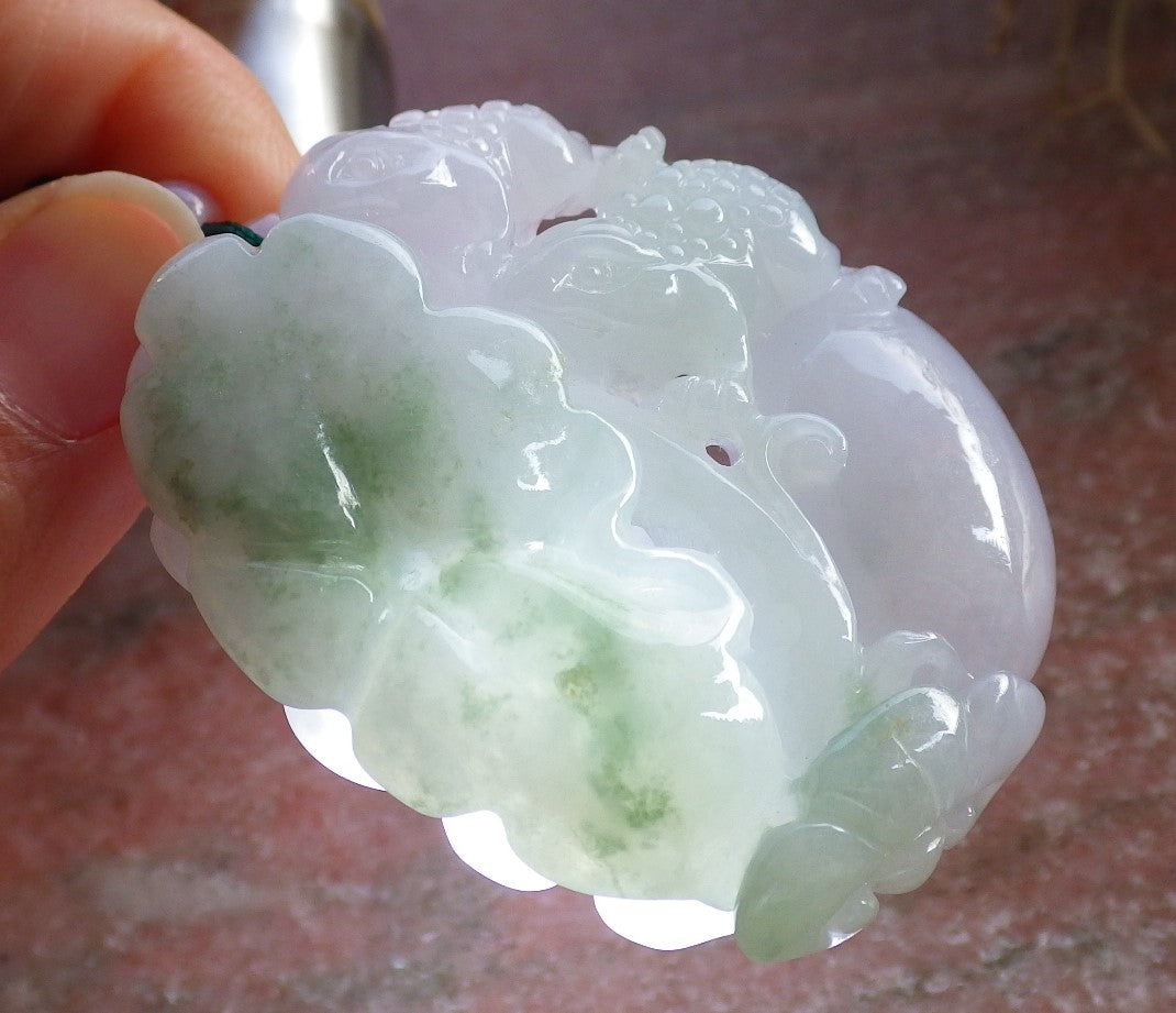 Certified Green Pale Lavender Burma 100% Natural A Jade jadeite Pendant Frog Toad Lotus Leaf Ruyi Necklace 招财蟾 647072 TN
