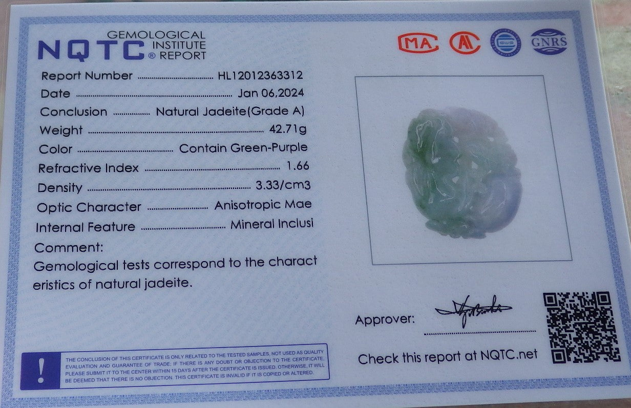 Certified Green Pale Lavender Burma 100% Natural A Jade jadeite Pendant Frog Toad Lotus Leaf Ruyi Necklace 招财蟾 647072 TN