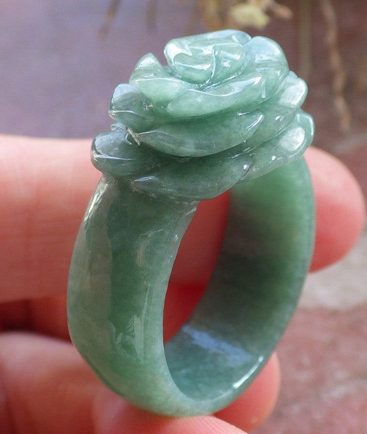 Certified Green Burma 100% Natural A JADE Jadeite Rose Flower RING USA. 11.75 花戒指 647101 TN