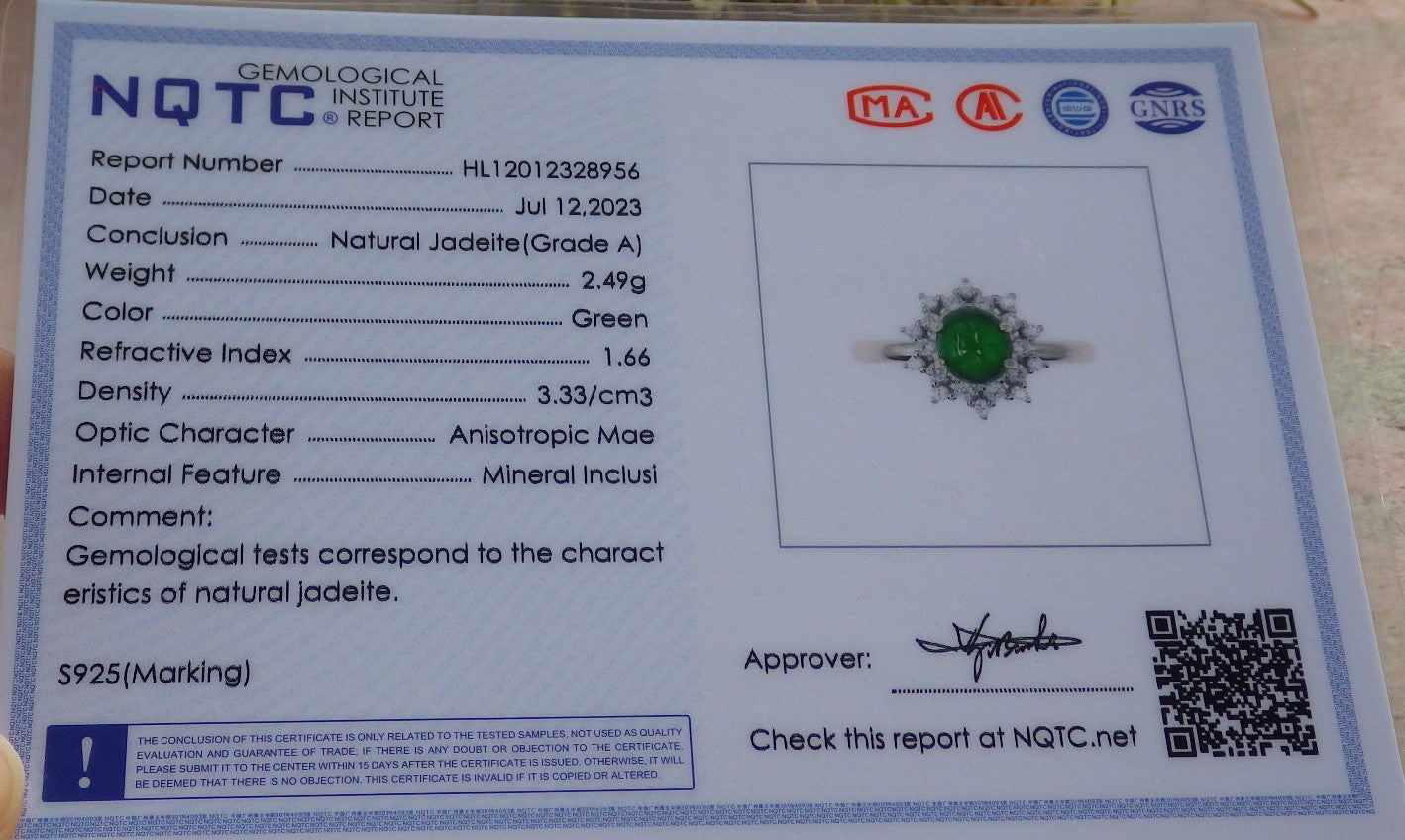 Certified Icy Green silver 0.925 Burma 100% Natural A JADE Jadeite Cabochon Flower RING USA 7.25 戒指 647195 TN