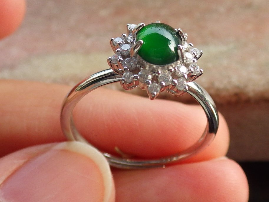 Certified Icy Green silver 0.925 Burma 100% Natural A JADE Jadeite Cabochon Flower RING USA 8 戒指 647239 TN