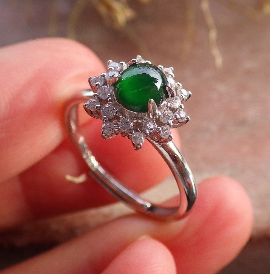 Certified Icy Green silver 0.925 Burma 100% Natural A JADE Jadeite Cabochon Flower RING USA 8 戒指 647239 TN