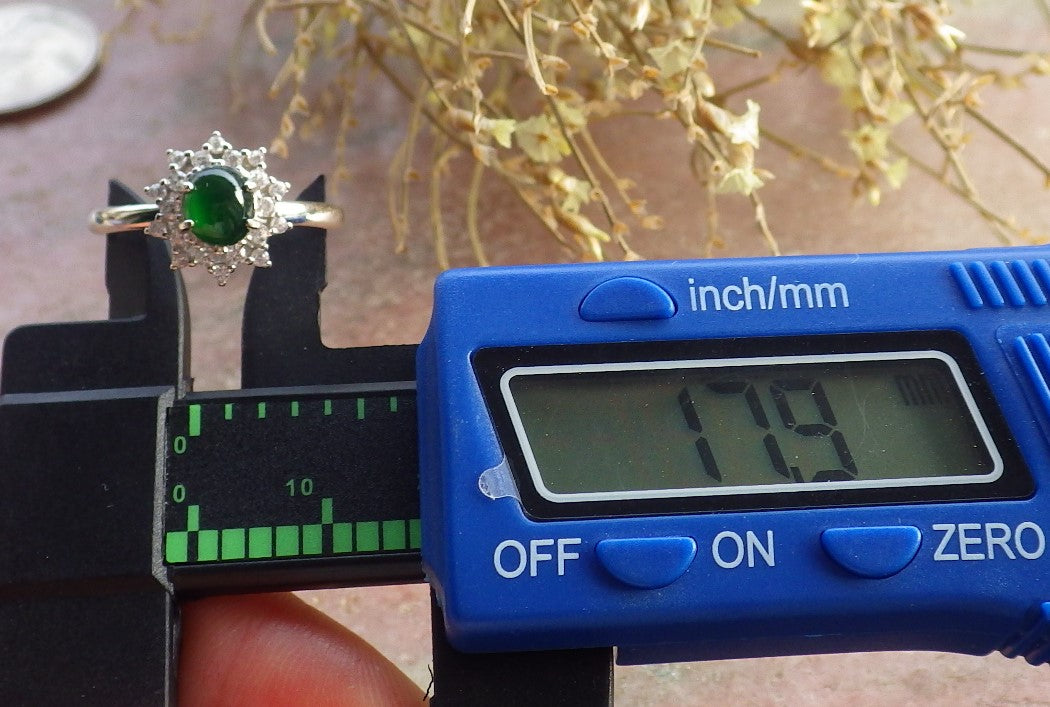 Certified Icy Green silver 0.925 Burma 100% Natural A JADE Jadeite Cabochon Flower RING USA 8 戒指 647239 TN