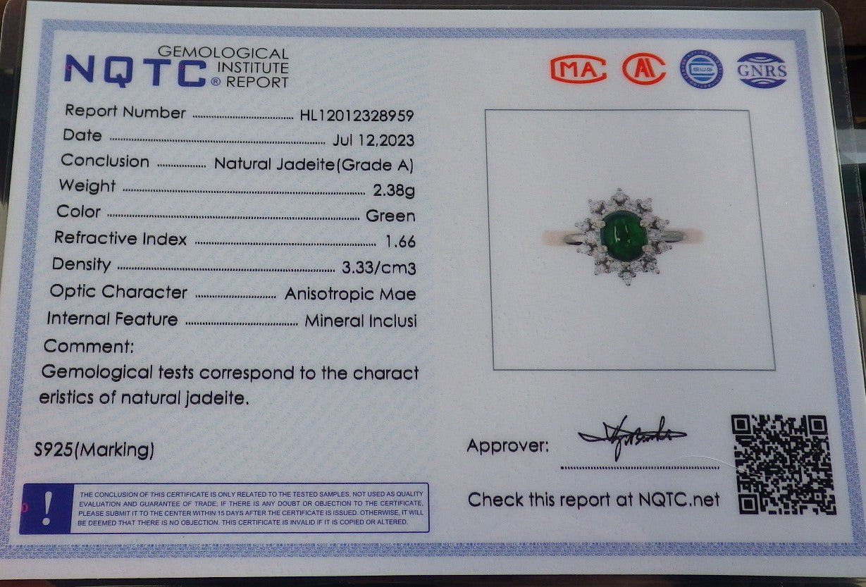 Certified Icy Green silver 0.925 Burma 100% Natural A JADE Jadeite Cabochon Flower RING USA 8 戒指 647239 TN