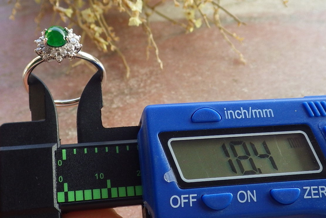Certified Icy Green silver 0.925 Burma 100% Natural A JADE Jadeite Cabochon Flower RING USA 7.75 戒指 647247 TN