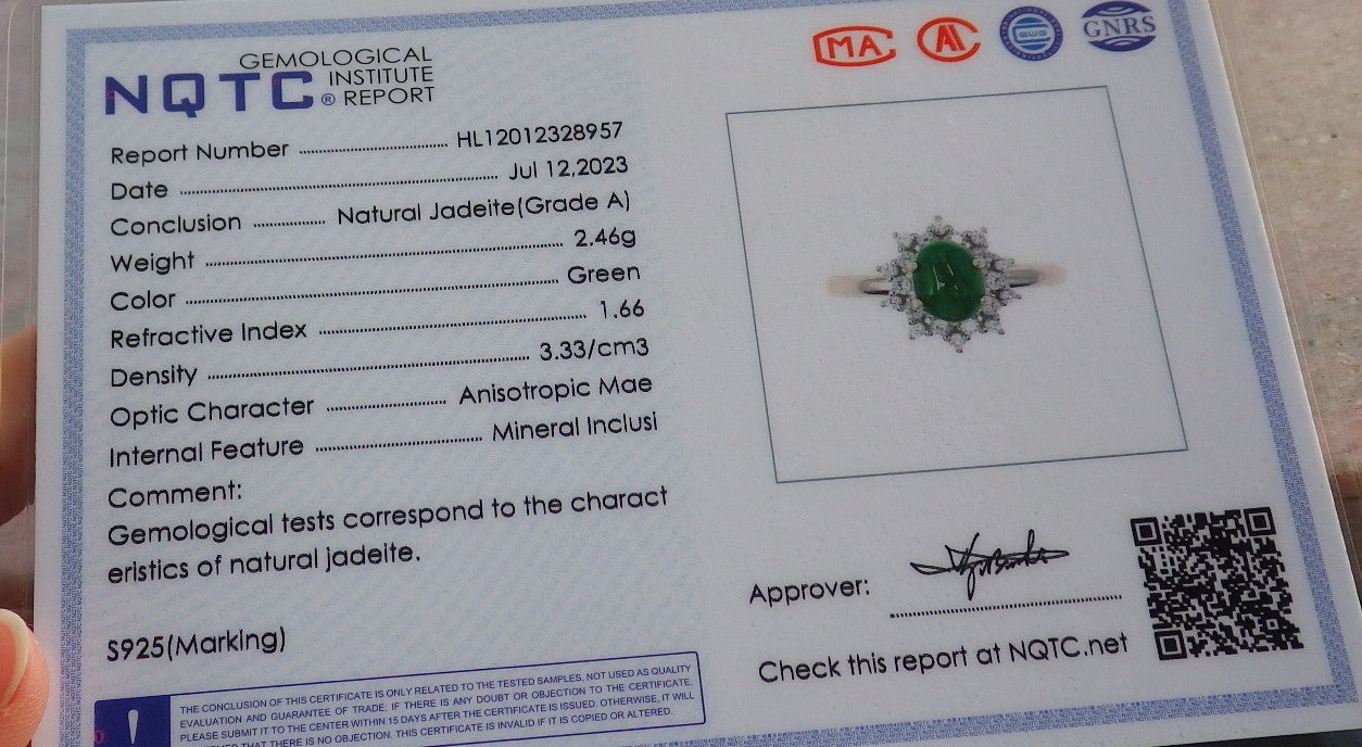 Certified Icy Green silver 0.925 Burma 100% Natural A JADE Jadeite Cabochon Flower RING USA 7.75 戒指 647247 TN