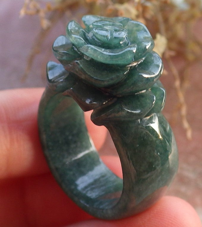 Certified Green Burma 100% Natural A JADE Jadeite Rose Flower RING USA. 8.5 花戒指 647341 TN