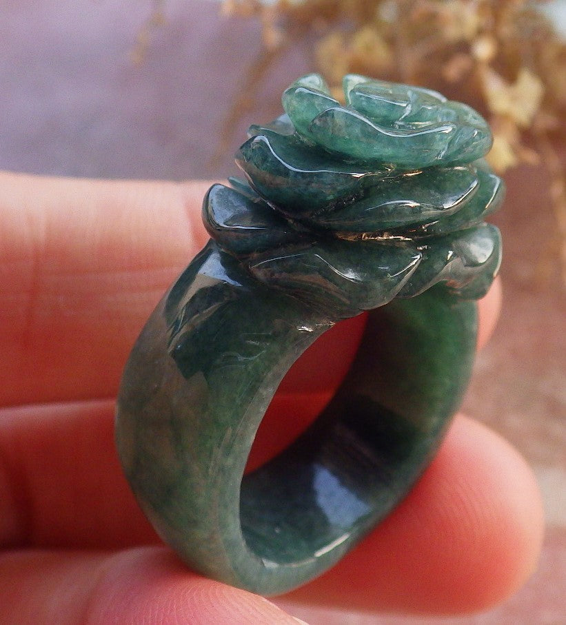 Certified Green Burma 100% Natural A JADE Jadeite Rose Flower RING USA. 8.5 花戒指 647341 TN
