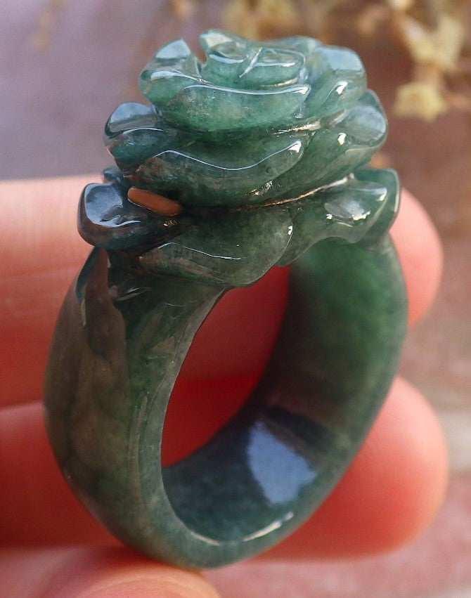Certified Green Burma 100% Natural A JADE Jadeite Rose Flower RING USA. 8.5 花戒指 647341 TN