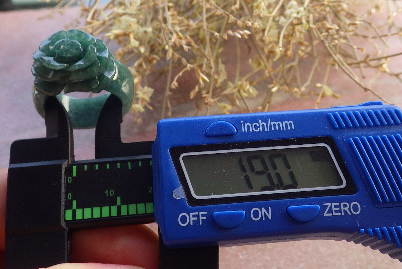 Certified Green Burma 100% Natural A JADE Jadeite Rose Flower RING USA. 8.5 花戒指 647341 TN