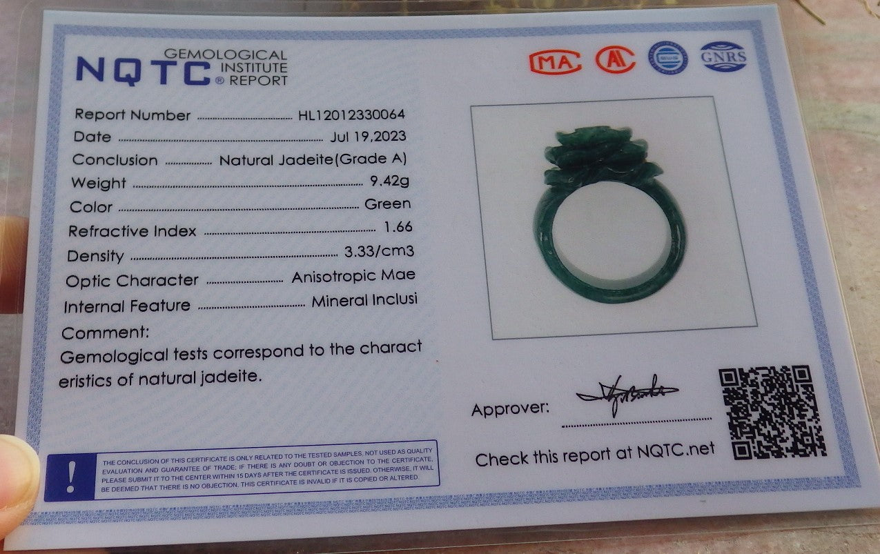 Certified Green Burma 100% Natural A JADE Jadeite Rose Flower RING USA. 8.5 花戒指 647341 TN