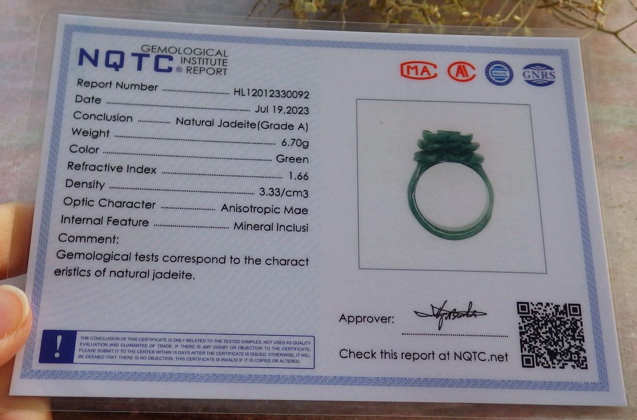 Certified Green Burma 100% Natural A JADE Jadeite Rose Flower RING USA. 8.75 花戒指 647349 TN