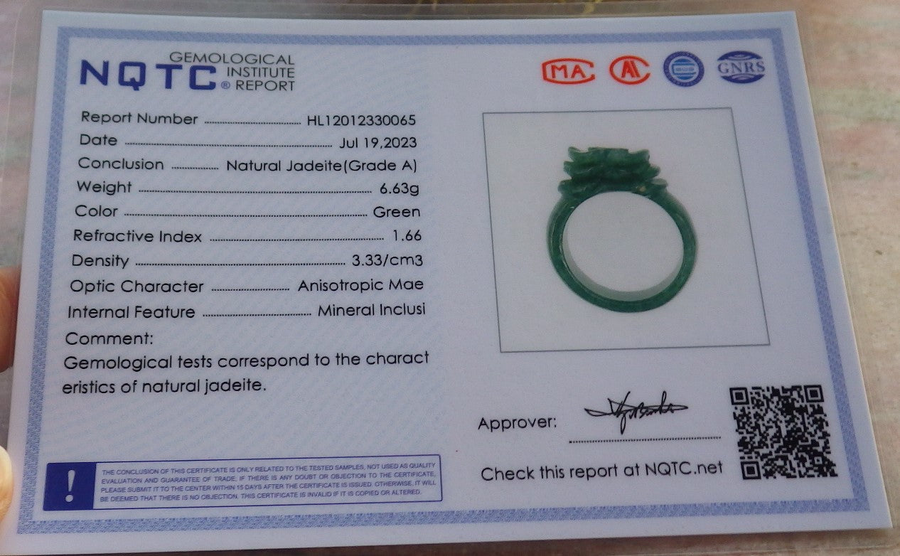 Certified Green Burma 100% Natural A JADE Jadeite Rose Flower RING USA. 8.5 花戒指 647371 TN