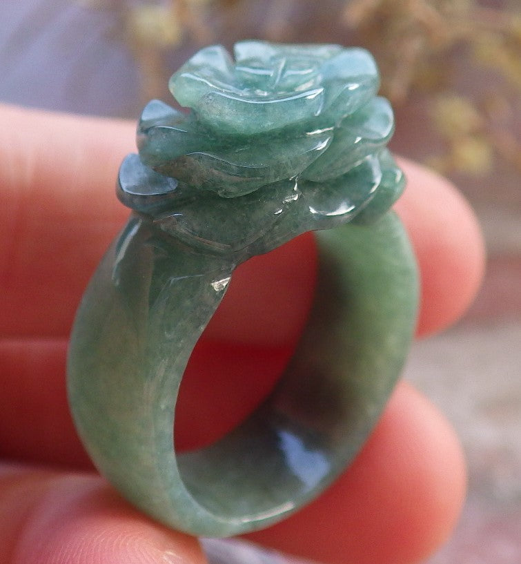 Certified Green Burma 100% Natural A JADE Jadeite Rose Flower RING USA. 8.75 花戒指 647381 TN