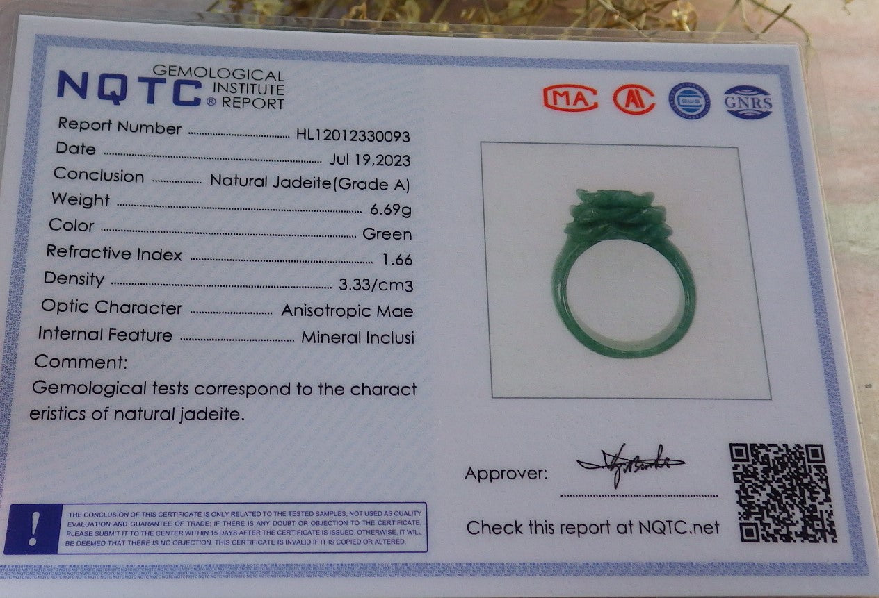 Certified Green Burma 100% Natural A JADE Jadeite Rose Flower RING USA. 8.75 花戒指 647381 TN