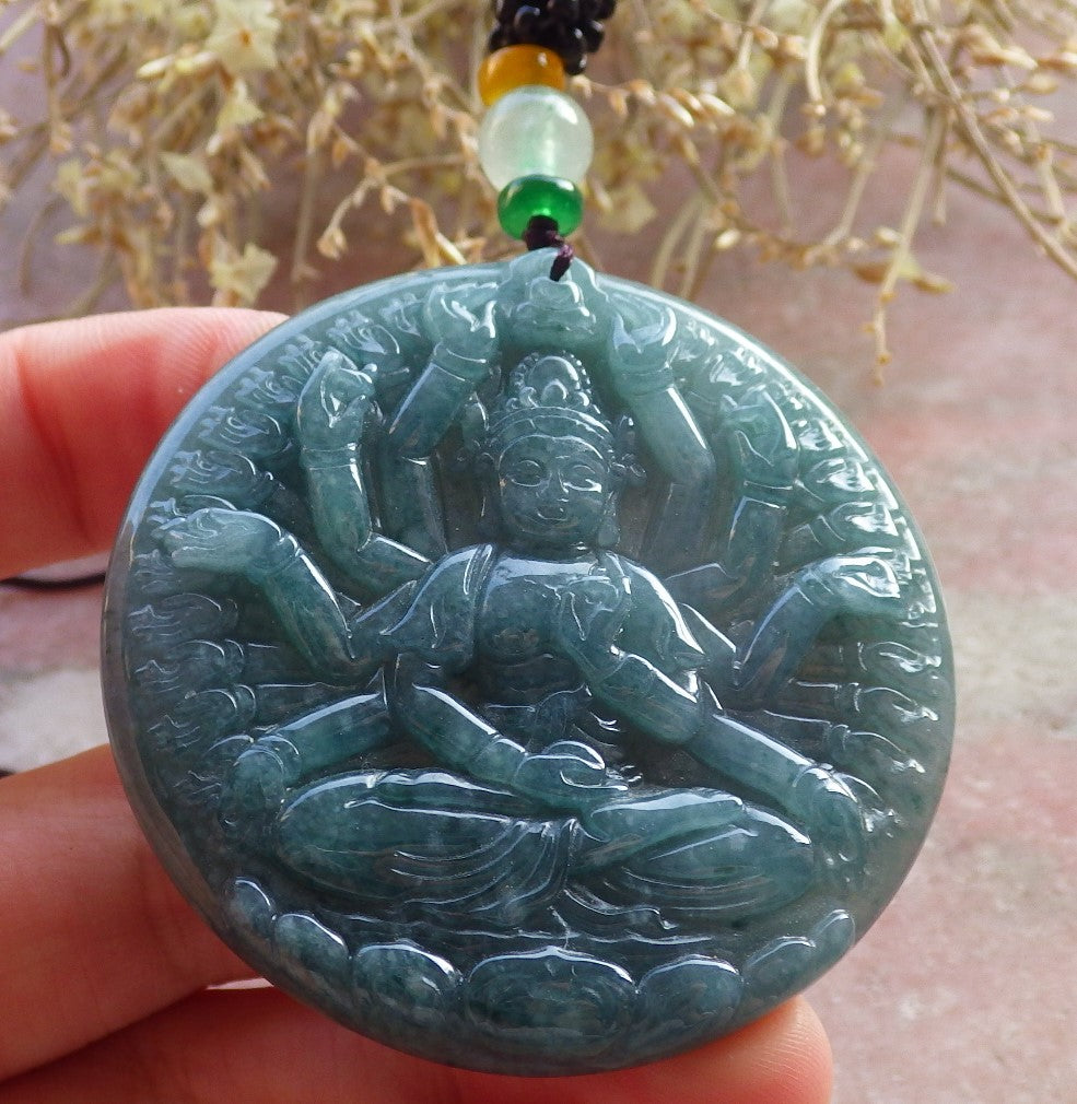 Certified Icy Green Burma 100% Natural A Jade jadeite pendant 1000 Hand Guanyin Kwan Yin Lotus Flower Necklace 观音 647500 TN