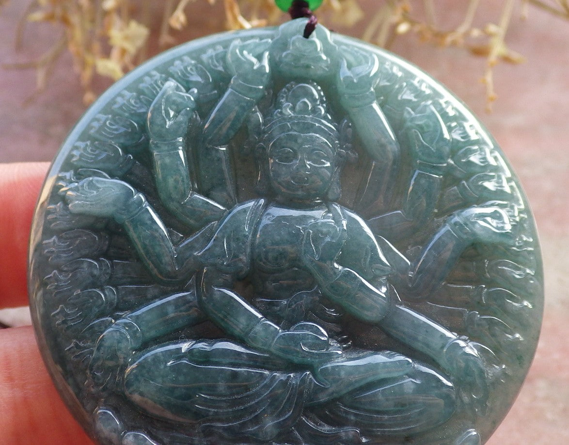 Certified Icy Green Burma 100% Natural A Jade jadeite pendant 1000 Hand Guanyin Kwan Yin Lotus Flower Necklace 观音 647500 TN