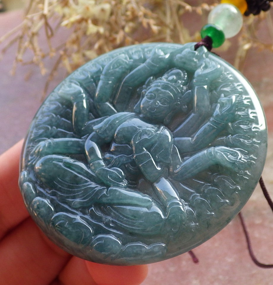 Certified Icy Green Burma 100% Natural A Jade jadeite pendant 1000 Hand Guanyin Kwan Yin Lotus Flower Necklace 观音 647500 TN