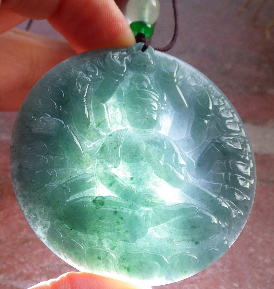 Certified Icy Green Burma 100% Natural A Jade jadeite pendant 1000 Hand Guanyin Kwan Yin Lotus Flower Necklace 观音 647500 TN