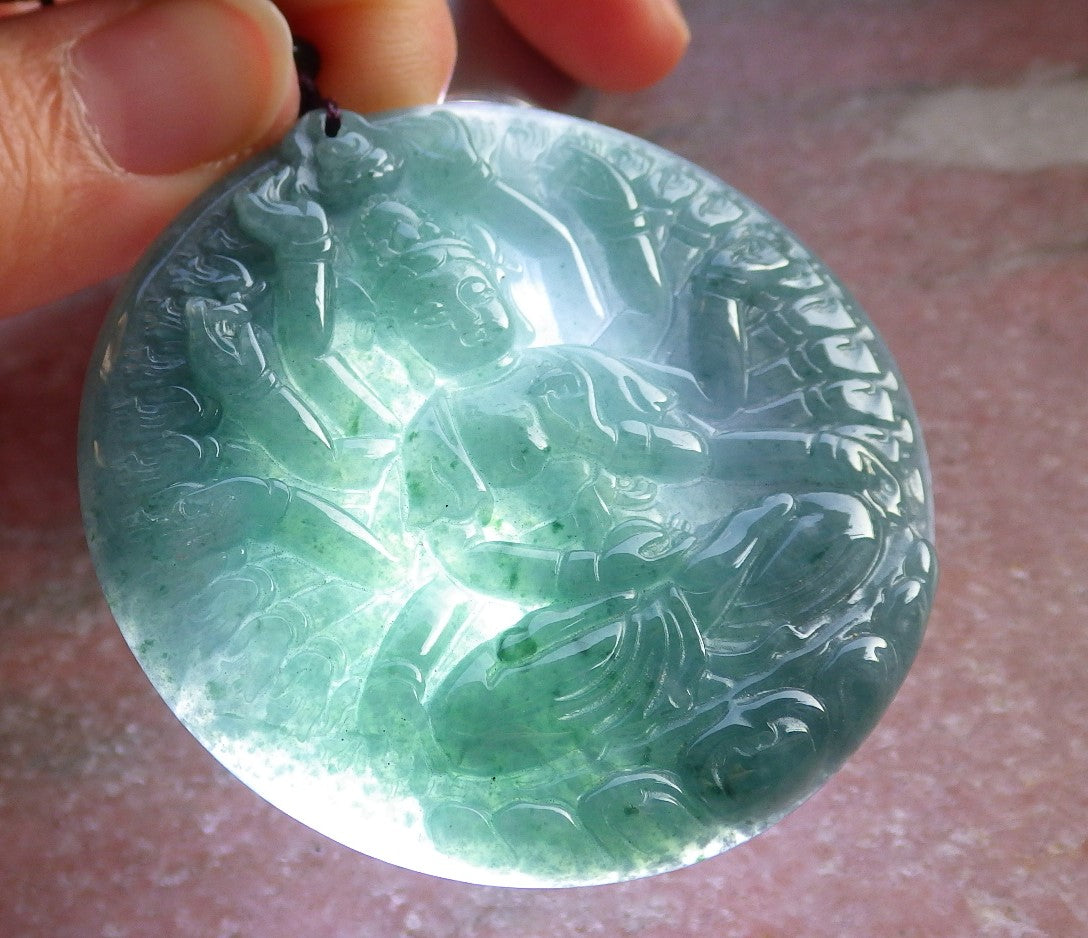 Certified Icy Green Burma 100% Natural A Jade jadeite pendant 1000 Hand Guanyin Kwan Yin Lotus Flower Necklace 观音 647500 TN